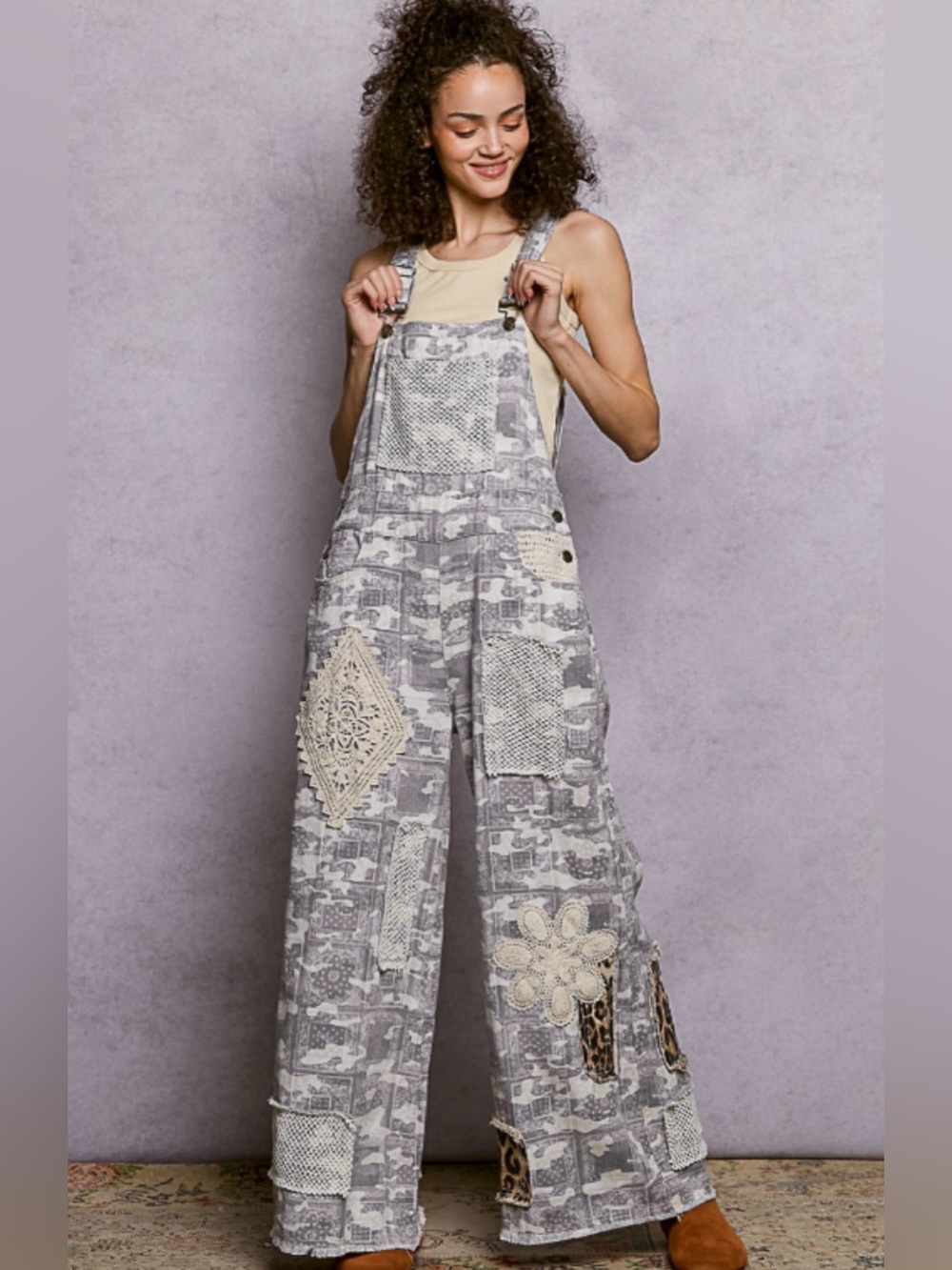 POL Patchwork Crochet Leopard Wide Leg Overalls Boho Jumpsuit L - Picture 13 of 15